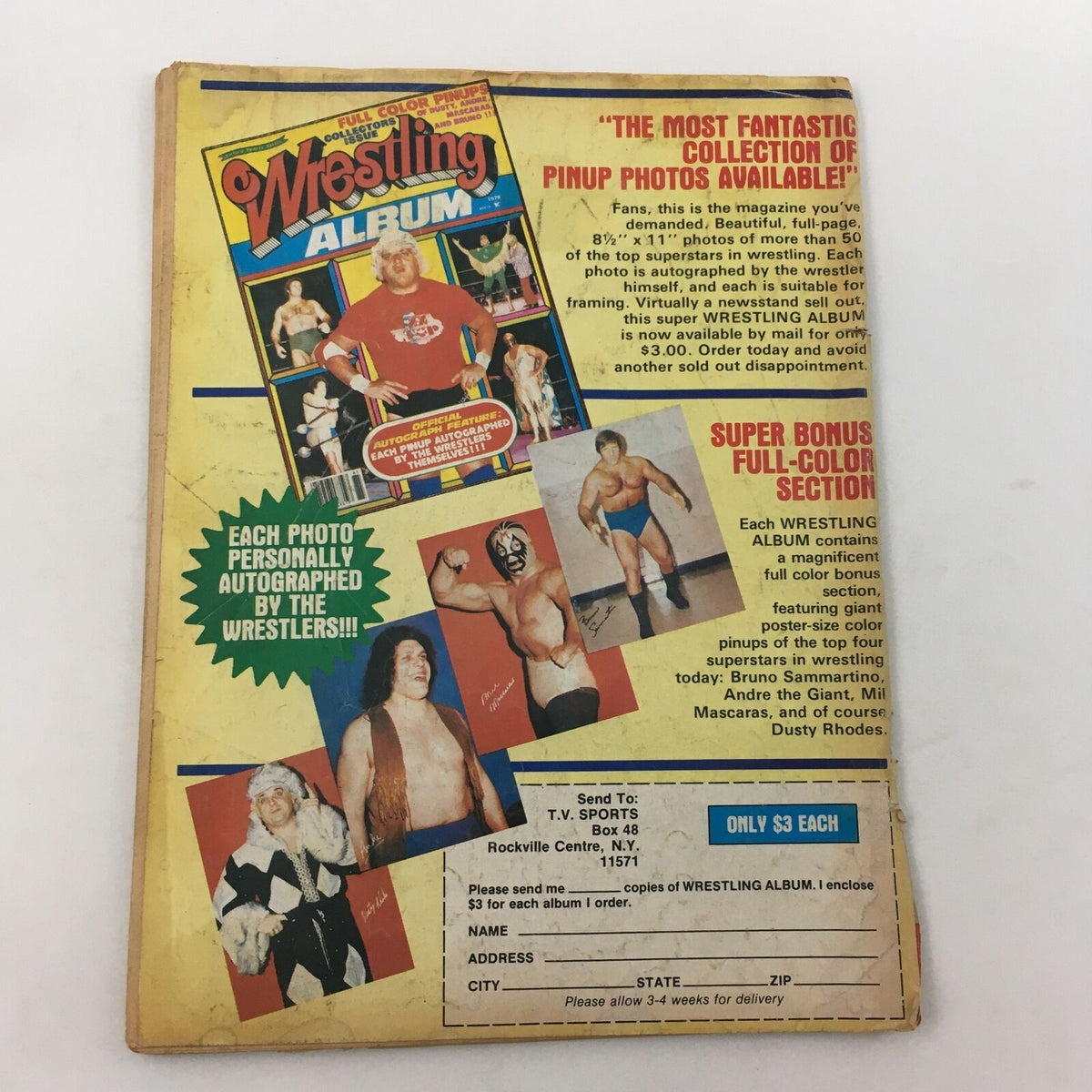 Back cover of WWF Wrestling Magazine Spring 1980 promoting the Wrestling Album, highlighting autographed photos of wrestling stars.