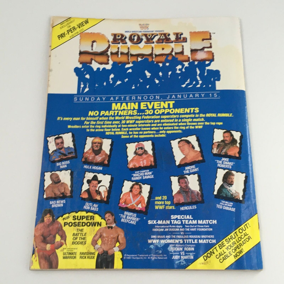 Back cover of WWF Magazine January 1989 featuring the Royal Rumble event lineup and famous wrestling stars like Hulk Hogan and Jake The Snake Roberts.