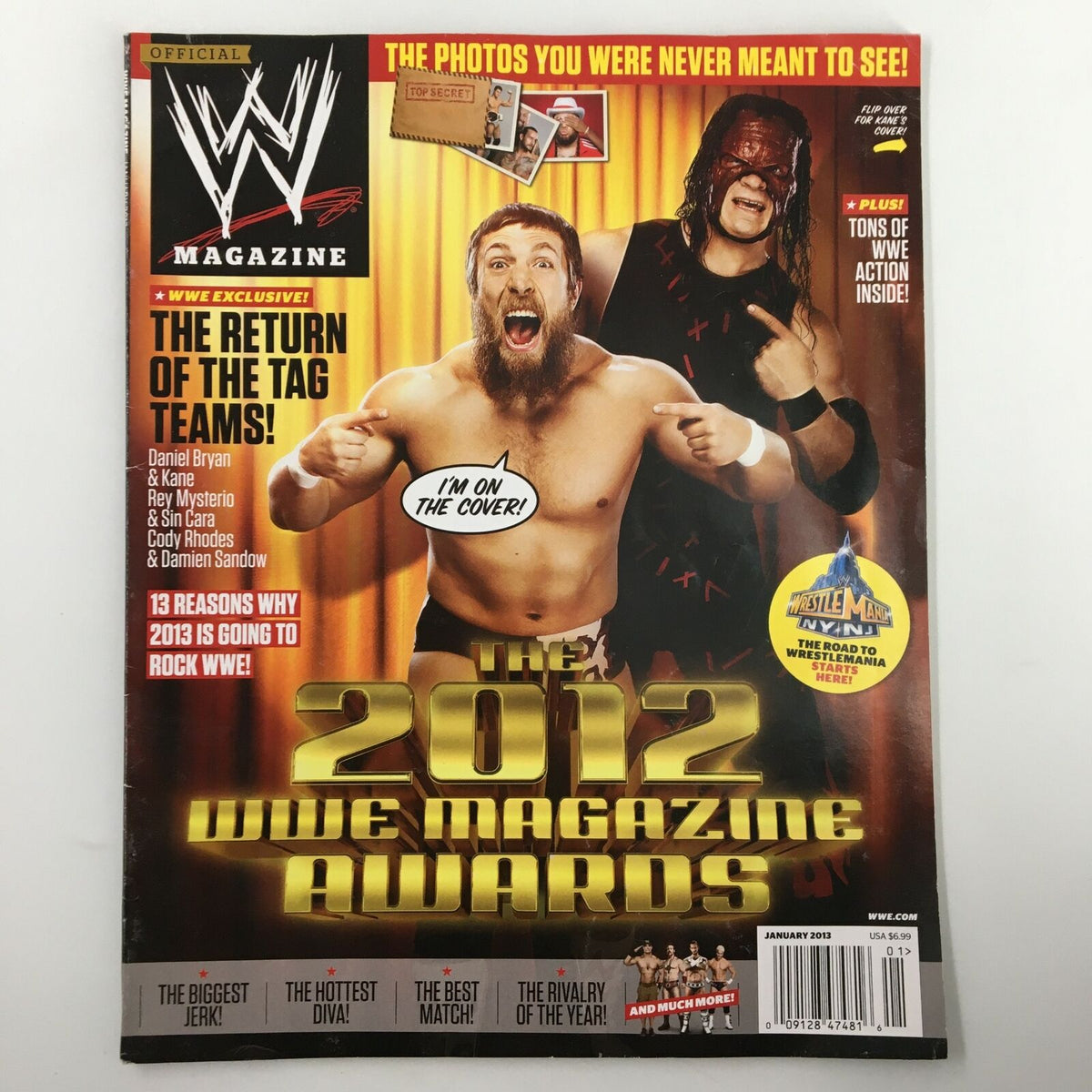 WWE Magazine January 2013 featuring Daniel Bryan, Kane, Rey Mysterio, and Sin Cara, highlighting the 2012 WWE Magazine Awards and showcasing wrestling superstars on the cover.