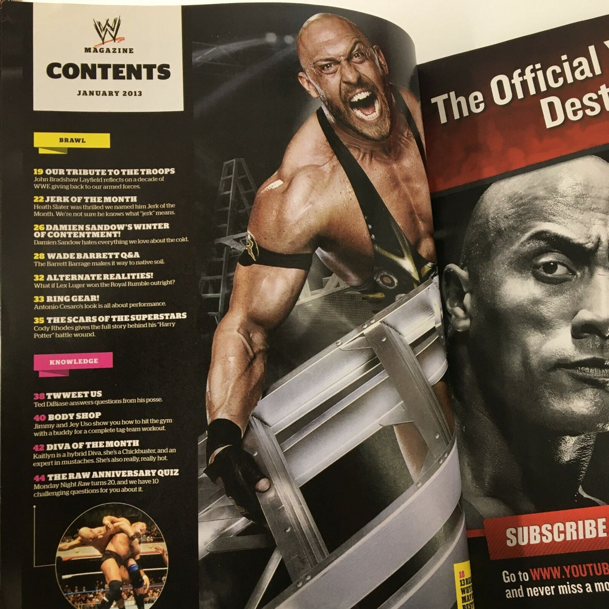 WWE Magazine January 2013 showcasing the contents page featuring a dynamic image of a wrestler in action, highlighting articles on WWE Superstars, including a focus on Daniel Bryan, Kane, Rey Mysterio, and Sin Cara.