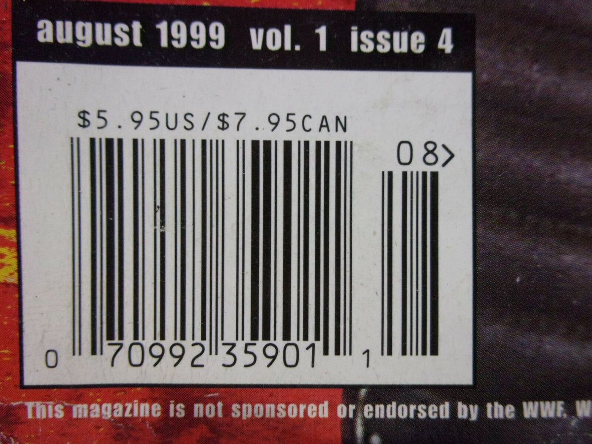 Back cover of the World of Wrestling WOW Magazine Sting To Hell and Back with a visible barcode and pricing information, dated August 1999.