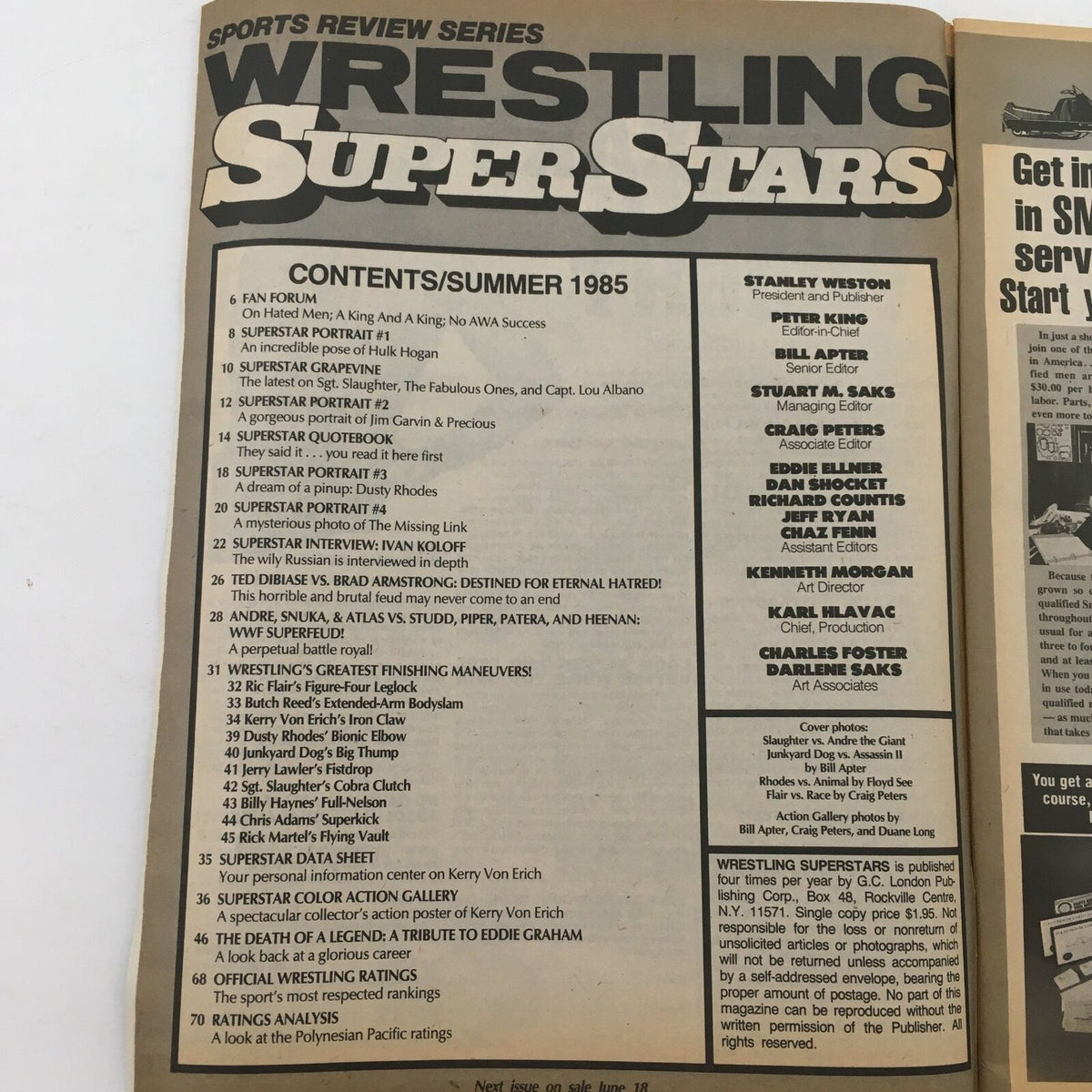 Wrestling Superstars Magazine Summer 1985 contents page, featuring articles, portraits, and information about wrestling legends like Hulk Hogan, Jim Garvin, and Dusty Rhodes.