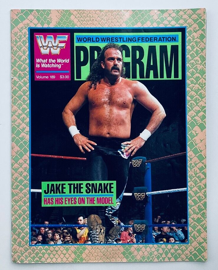 1989 WWF Official Program Vol 189 featuring Jake the Snake with the title 'Jake the Snake has his eyes on the model', showcasing wrestling memorabilia.