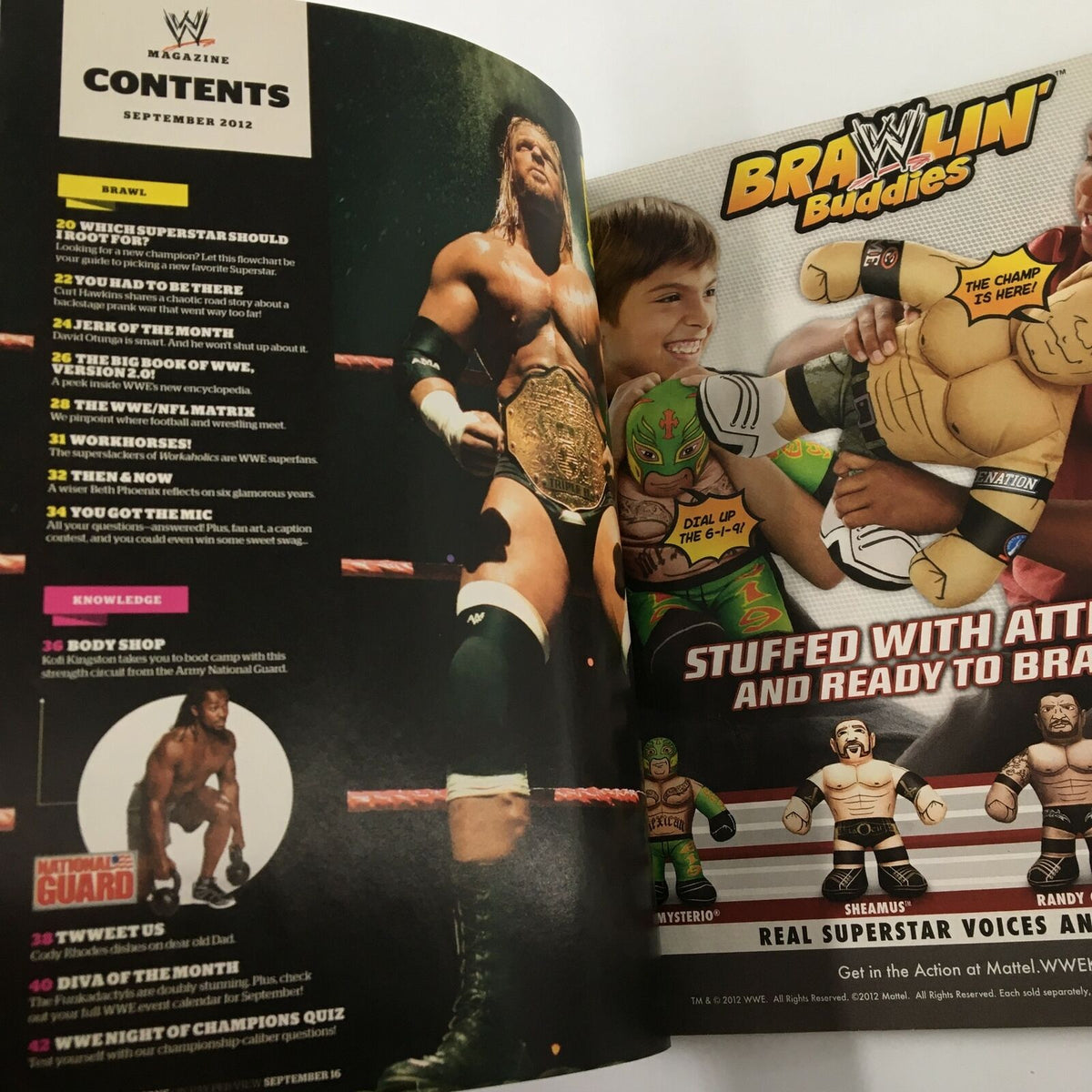 Inside page of WWE Magazine September 2012 displaying contents with features on wrestlers including Triple H and advertisements for Brawlin Buddies toys.