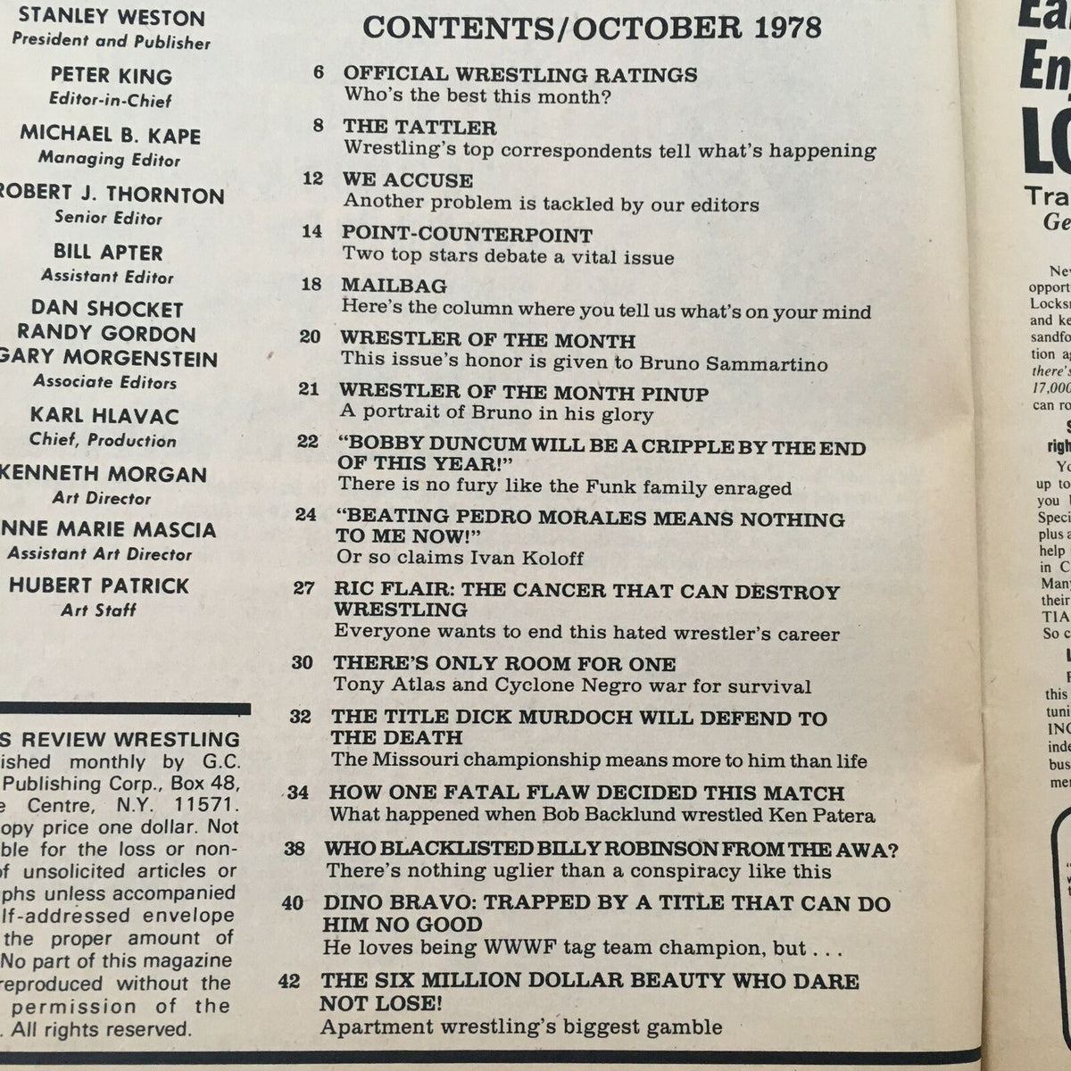 Contents page of WWF Wrestling Magazine October 1978 featuring match highlights and articles about wrestling stars including Bob Backlund and Ken Patera.