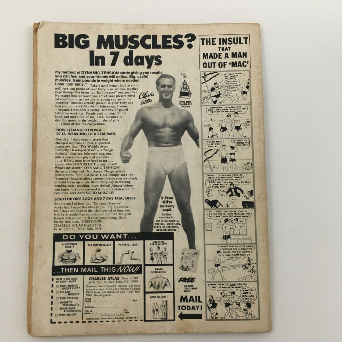 Back cover of WWF Wrestling Magazine October 1978 showcasing an advertisement for Charles Atlas's bodybuilding program.