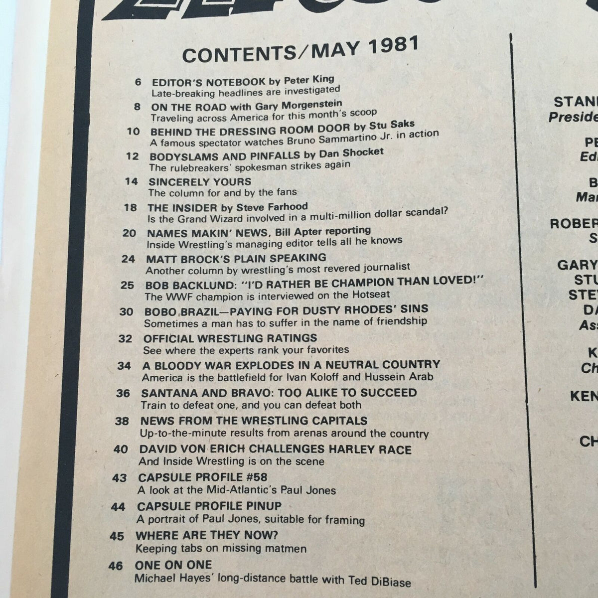 Contents page of Inside Wrestling Magazine May 1981 showcasing featured articles including Hussein Arab vs Ivan Koloff.