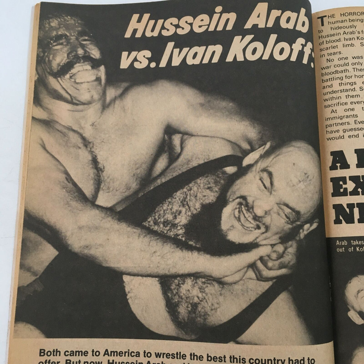 Inside Wrestling Magazine May 1981 page featuring a dramatic moment between Hussein Arab and Ivan Koloff during their bloody rivalry.