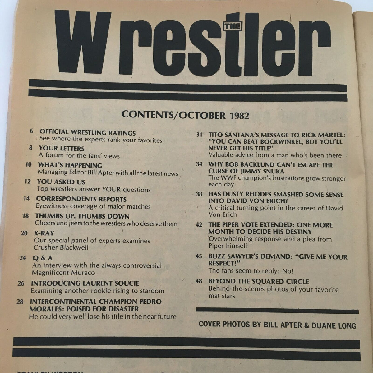 Table of contents from The Wrestler Magazine October 1982, outlining articles including official wrestling ratings and editor's notes for wrestling enthusiasts.
