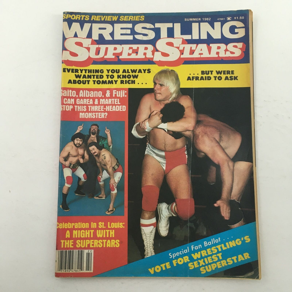 Wrestling Superstars Magazine Summer 1982 featuring Greg Valentine and Tommy Rich on the cover, showcasing iconic wrestlers and vibrant graphic design.