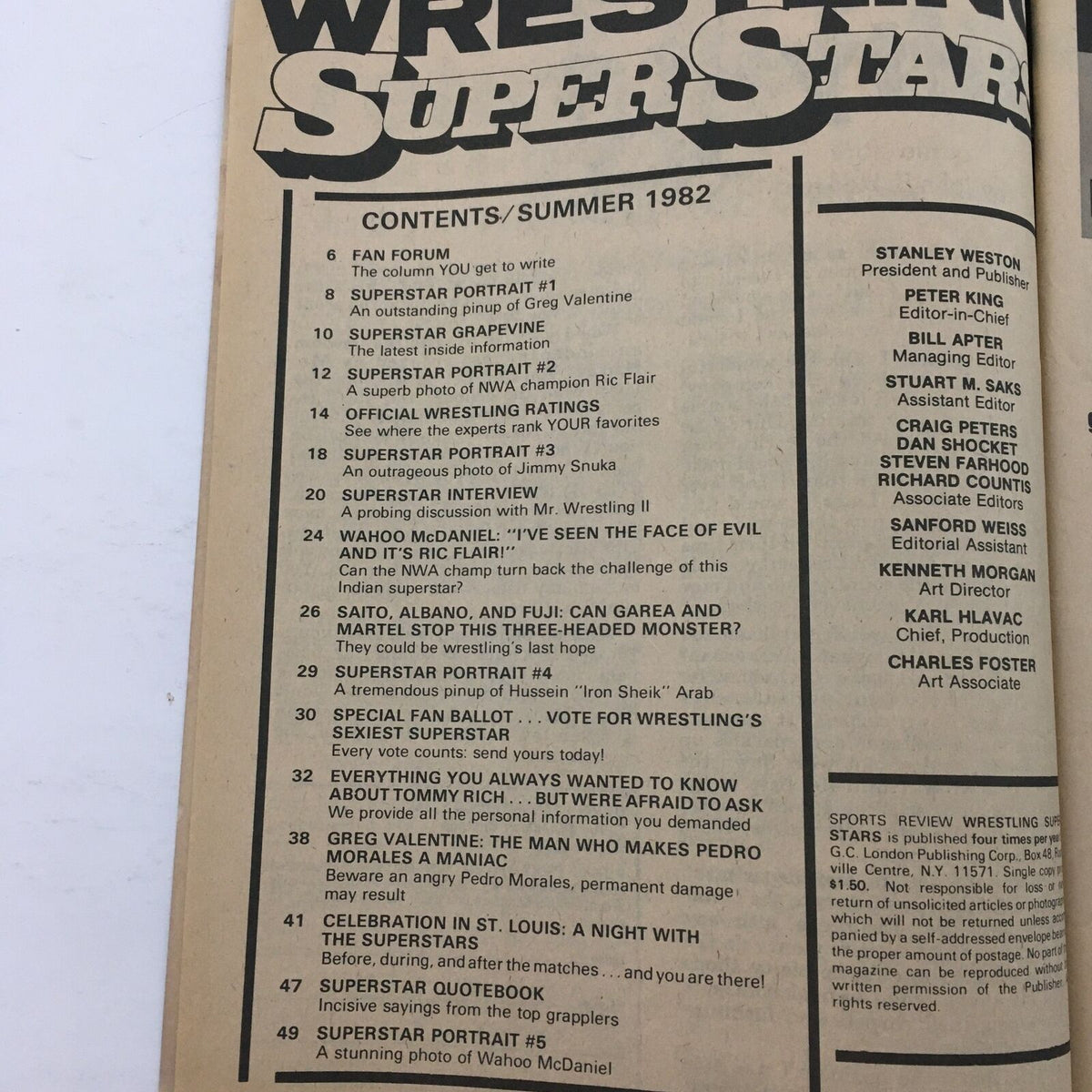 Contents page from Wrestling Superstars Magazine Summer 1982, detailing articles and features including superstar portraits and wrestling ratings.