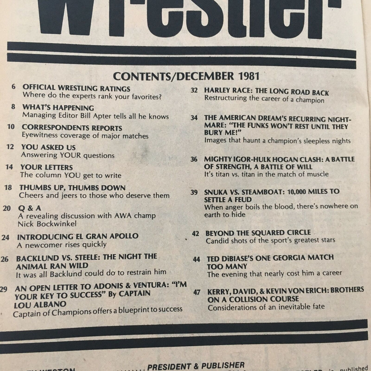 Contents page of The Wrestler Magazine December 1981 detailing articles and features, including the Mighty Igor vs. Hulk Hogan clash, official wrestling ratings, and insights from wrestling experts.