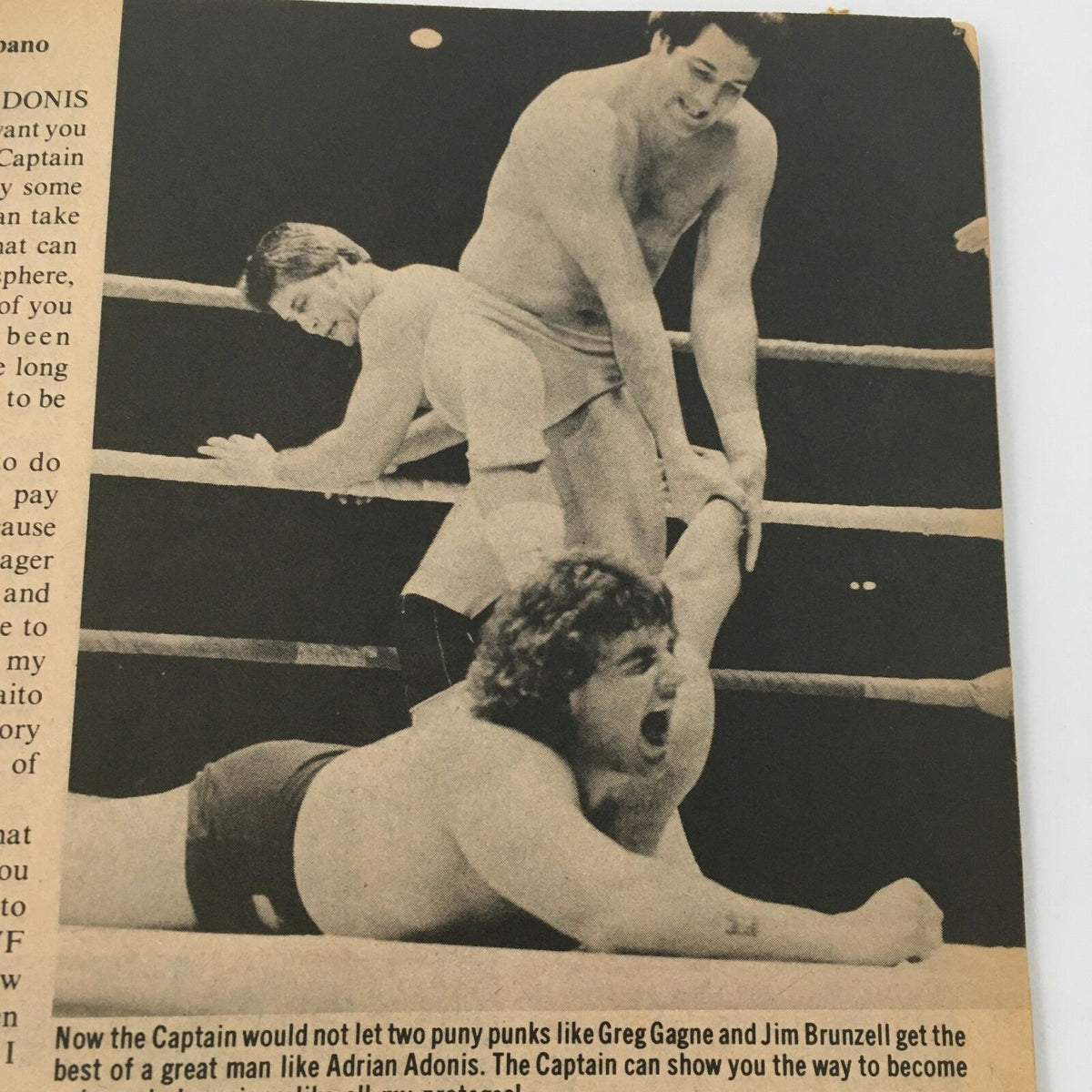 Inside page of The Wrestler Magazine December 1981 featuring a wrestling scene with Captain Adonis, Greg Gagne, and Jim Brunzell in action, emphasizing the competitive nature of classic wrestling.