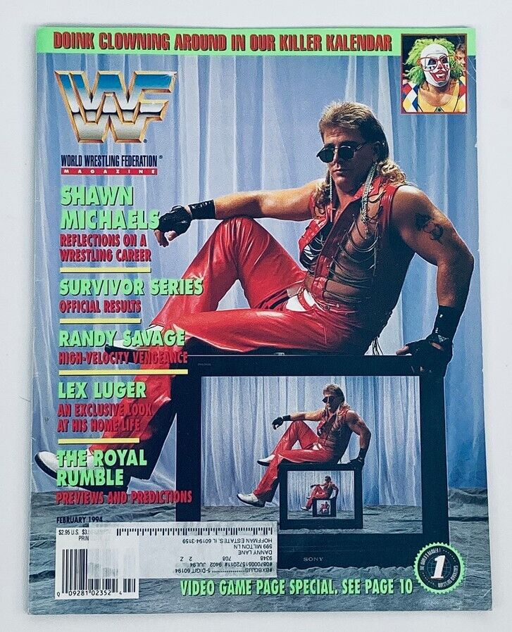 Cover of WWF World Wrestling Federation Magazine February 1994 featuring Shawn Michaels, Randy Savage, and Lex Luger, showcasing vibrant designs and wrestling highlights from the 1990s.