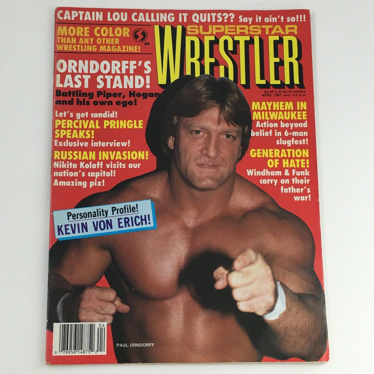 Cover of Superstar Wrestler Magazine April 1987 featuring Paul Orndorff, showcasing wrestling highlights and interviews.
