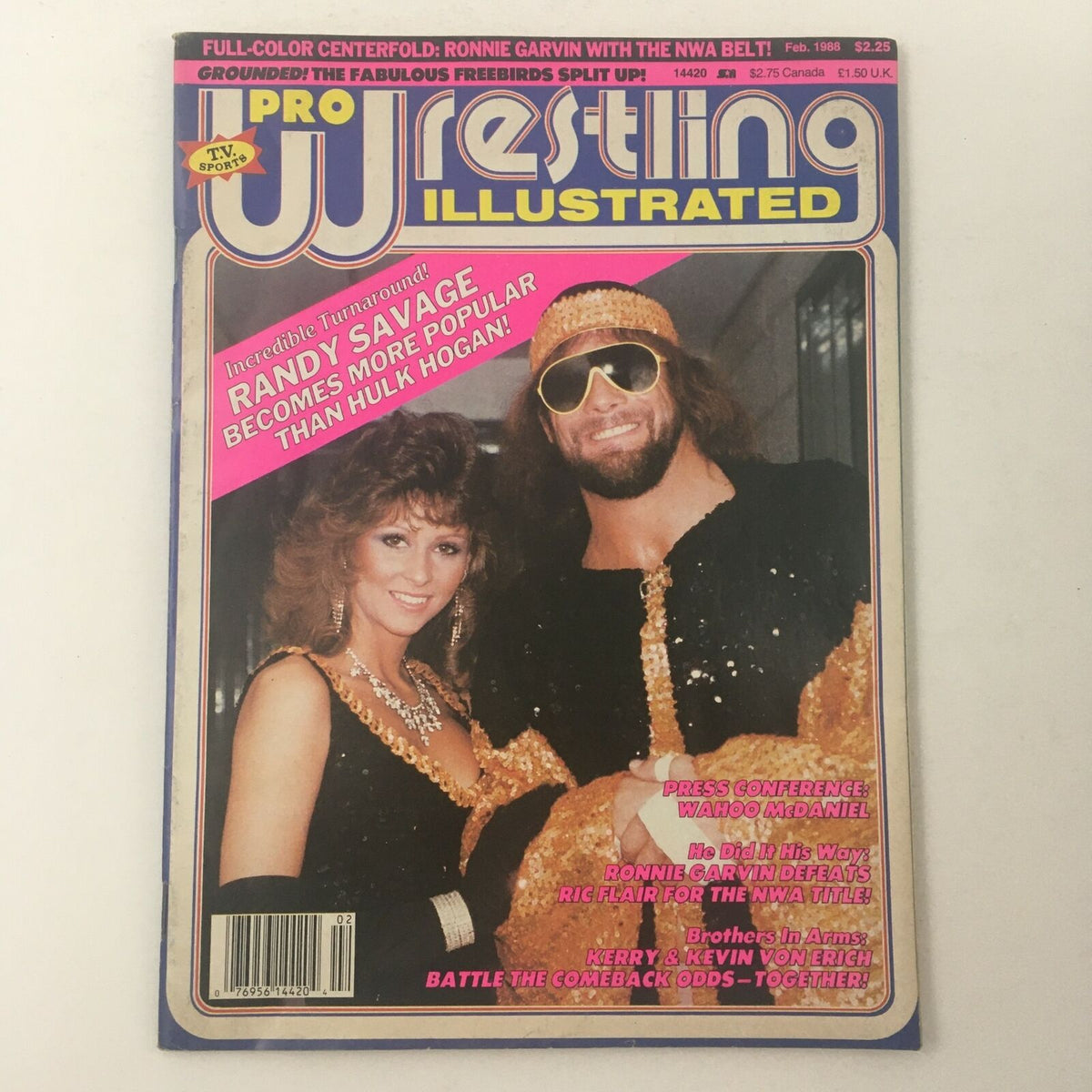 Pro Wrestling Illustrated Magazine February 1988 cover featuring Randy Savage in flashy attire with a female companion, highlighting his rise in popularity.
