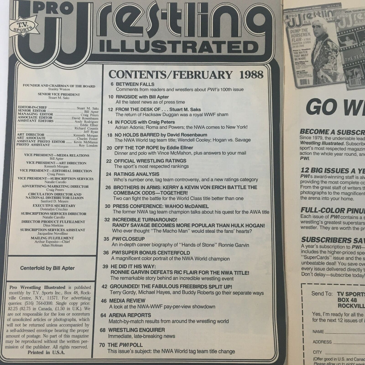 Table of contents from Pro Wrestling Illustrated Magazine February 1988, detailing articles and features in the issue.