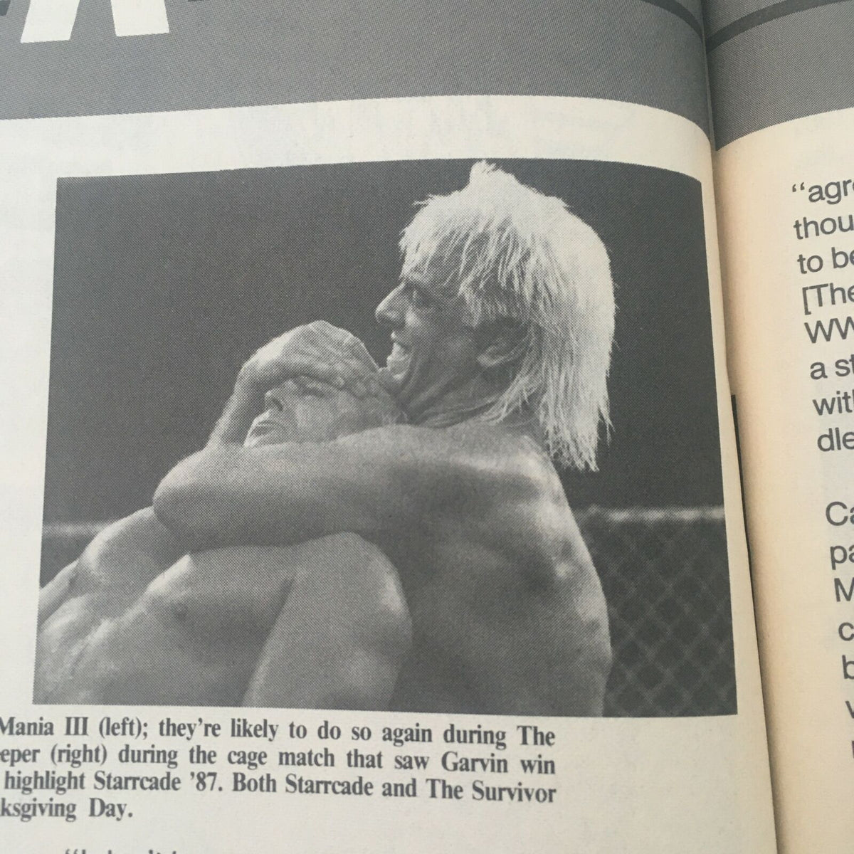 Black and white photo of a wrestling match featured in Pro Wrestling Illustrated Magazine February 1988, showcasing a grappling scene.