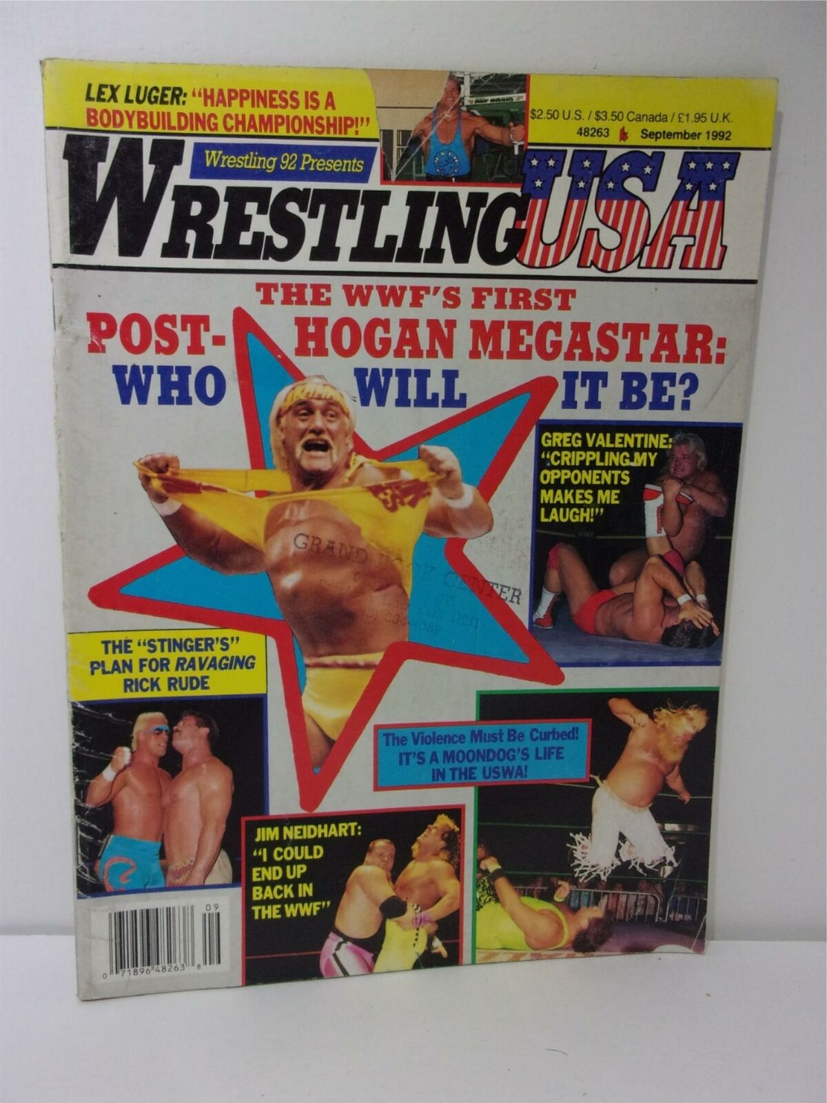 Wrestling USA Magazine cover from September 1992 featuring the title 'Wrestling USA Magazine: September 1992 - WWF's First Post Hogan Megastar' with vibrant colors and images of professional wrestlers, including headlines about upcoming wrestling events.