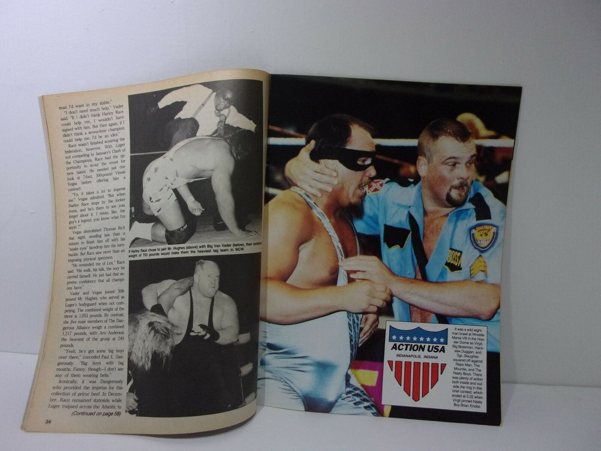 Interior page of Wrestling USA Magazine with an action shot of two wrestlers in a ring, highlighting a featured event in September 1992.
