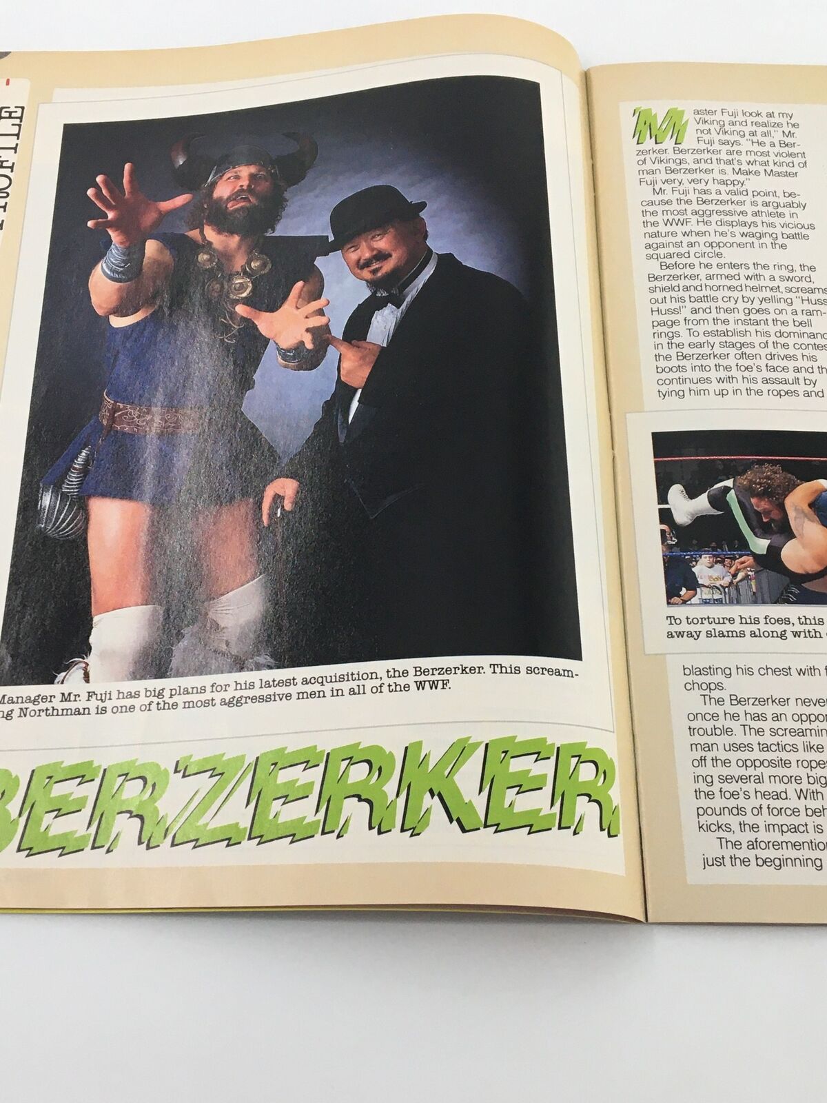 Vintage WWF Magazine June 1991 featuring a photo of The Berzerker and Manager Mr. Fuji, showcasing their wrestling personas and costumes in a dramatic pose.