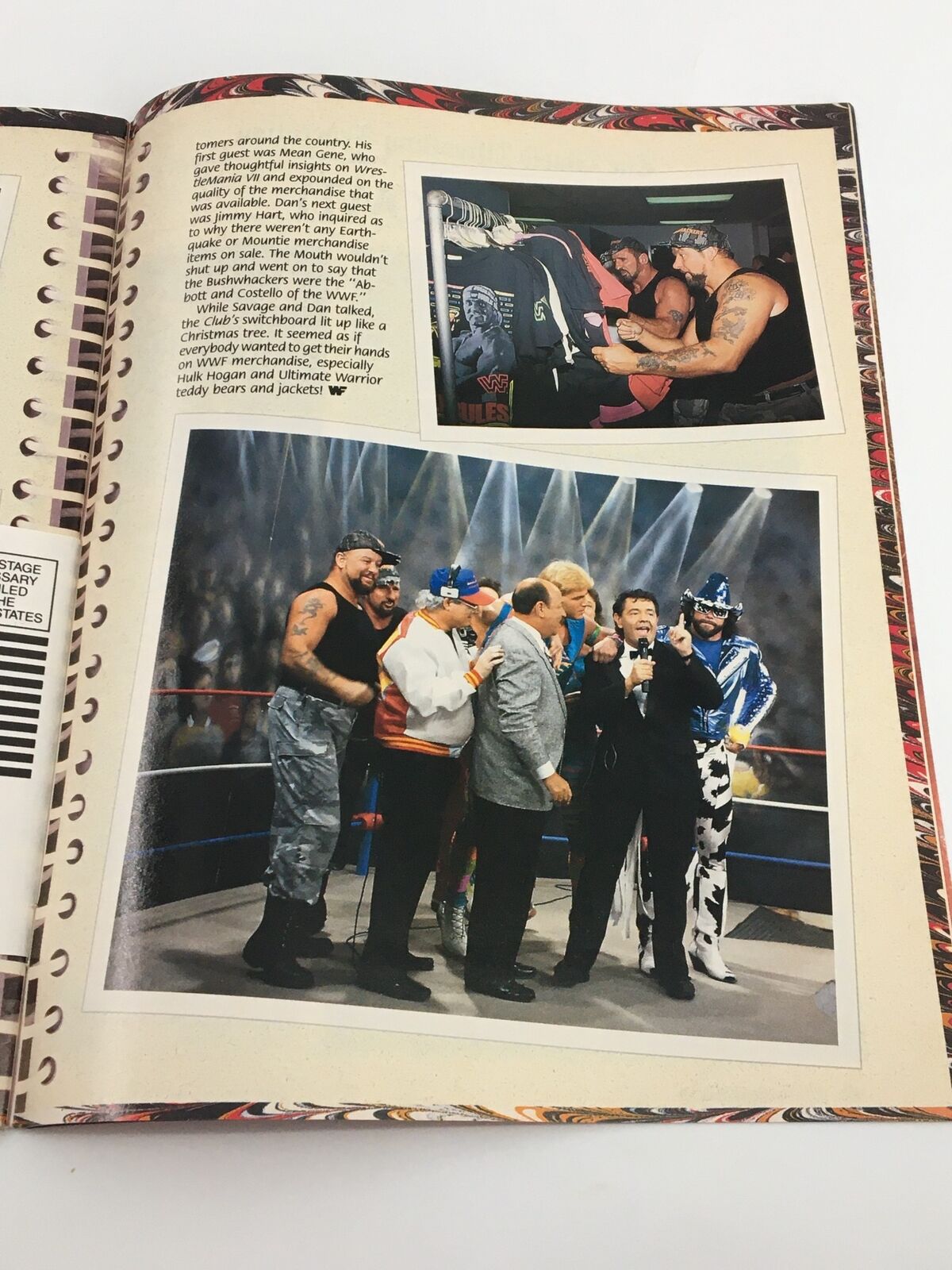 Photo from WWF Magazine June 1991, capturing wrestlers backstage amid merchandise displays, illustrating the excitement of wrestling culture and fan engagement.