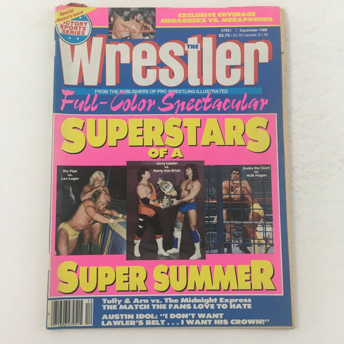 The Wrestler Magazine December 1988 featuring Hulk Hogan and Randy Savage on the cover, showcasing a pivotal moment in professional wrestling history with colorful graphics and iconic imagery.
