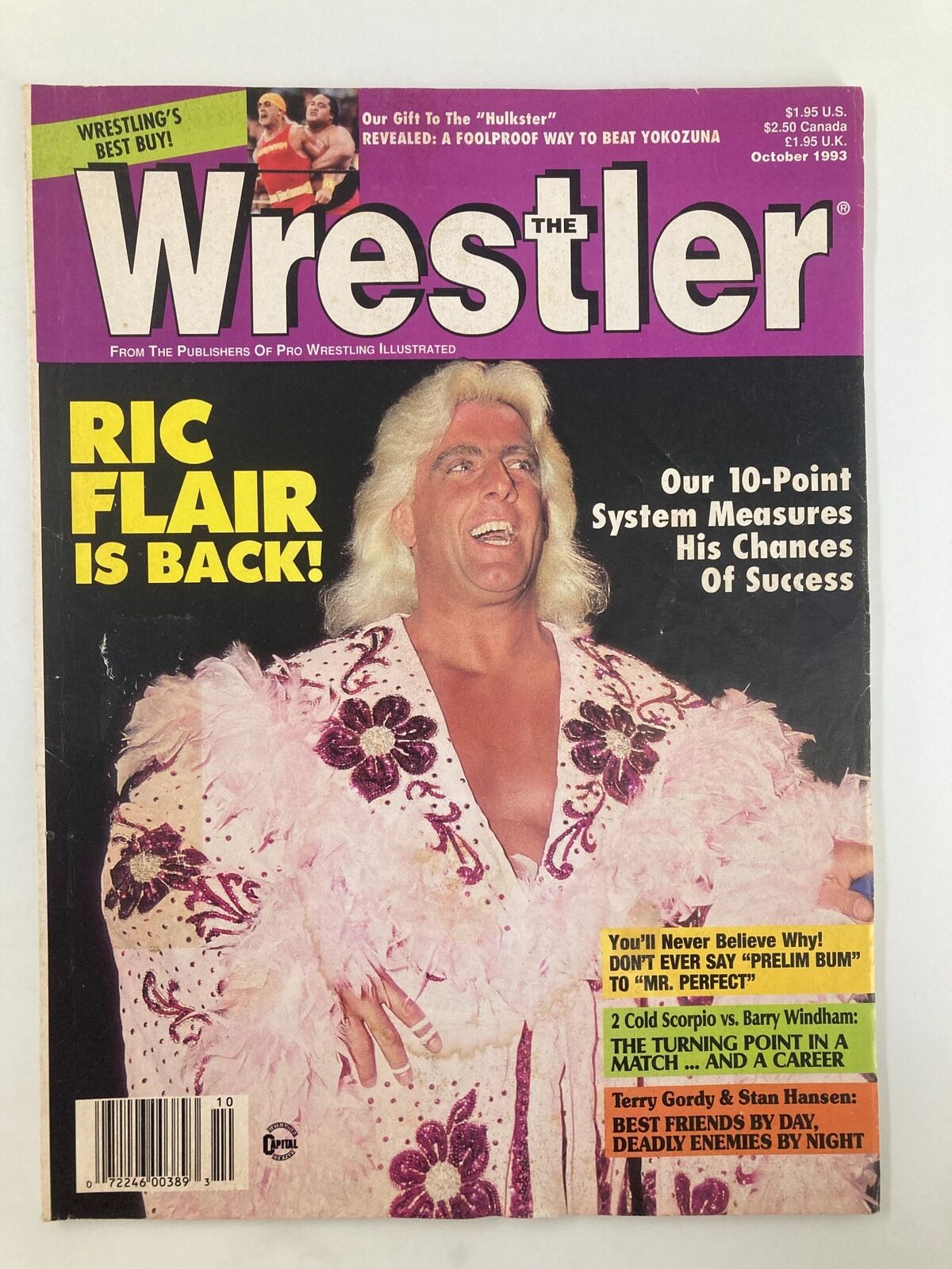 The Wrestler Magazine October 1993 cover featuring Ric Flair in a flamboyant outfit, celebrating his return to wrestling with vibrant colors and bold text highlighting 'RIC FLAIR IS BACK!'. This collectible magazine also includes notable wrestlers like Hulk Hogan and Yokozuna.