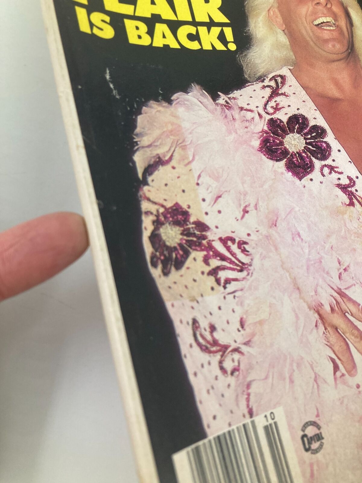 Close-up of The Wrestler Magazine October 1993 highlighting Ric Flair's elaborate pink robe adorned with flowers and feathers. The cover emphasizes his return to wrestling, showcased alongside the magazine's barcode and vintage features.