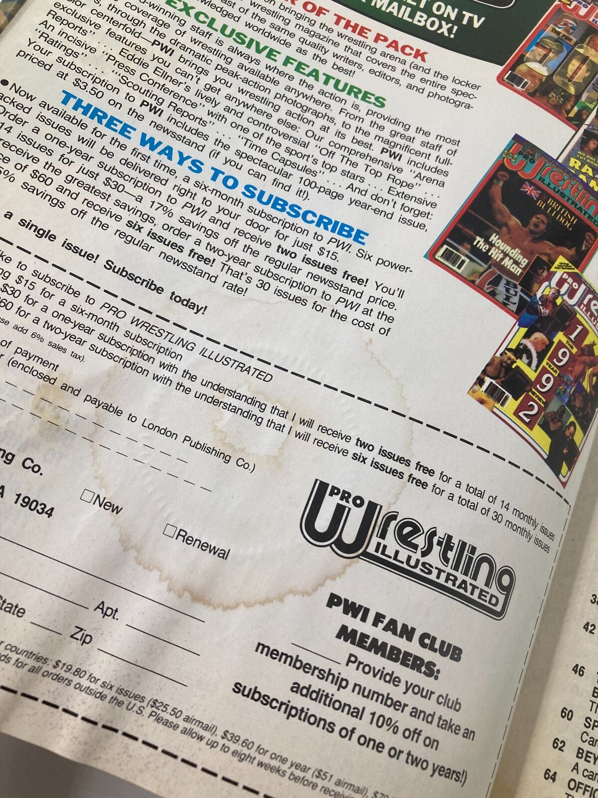 Subscription details page from The Wrestler Magazine October 1993, showcasing advertisement and subscription options for wrestling fans interested in Pro Wrestling Illustrated.