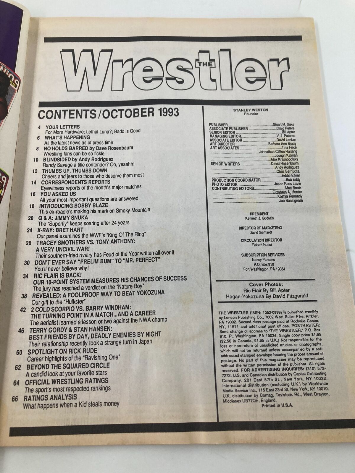 Table of contents page from The Wrestler Magazine October 1993, listing featured articles including Ric Flair and Hulk Hogan vs Yokozuna, highlights of wrestling events, and exclusive interviews.