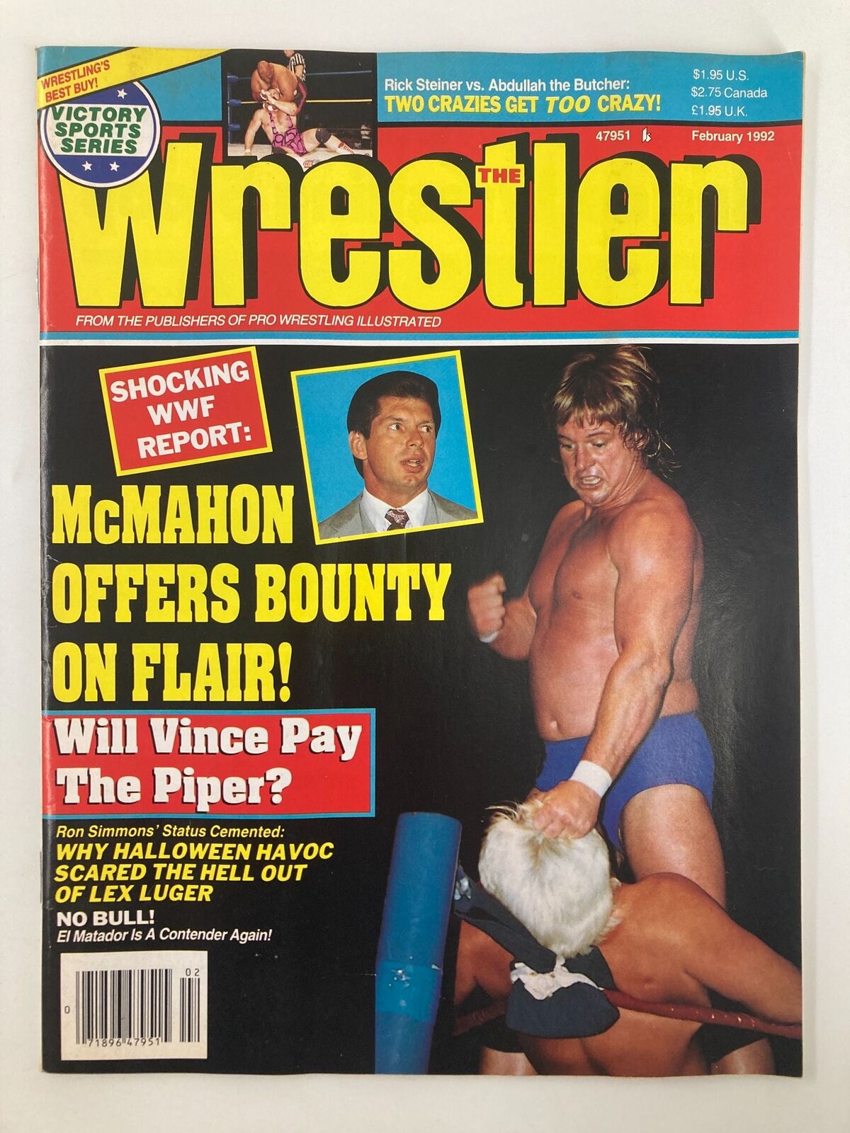 The Wrestler Magazine February 1992 featuring Vince McMahon and Ric Flair on the cover with headlines about wrestling events and news.