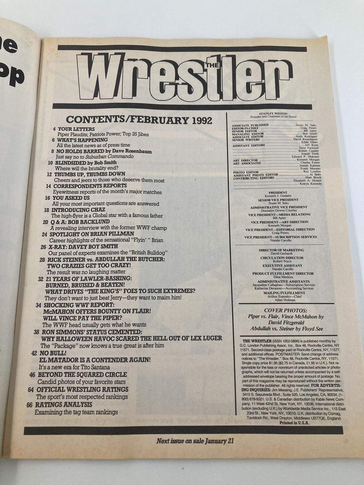 The Wrestler Magazine February 1992 contents page listing articles and features about wrestling, including insights on Vince McMahon and Ric Flair.