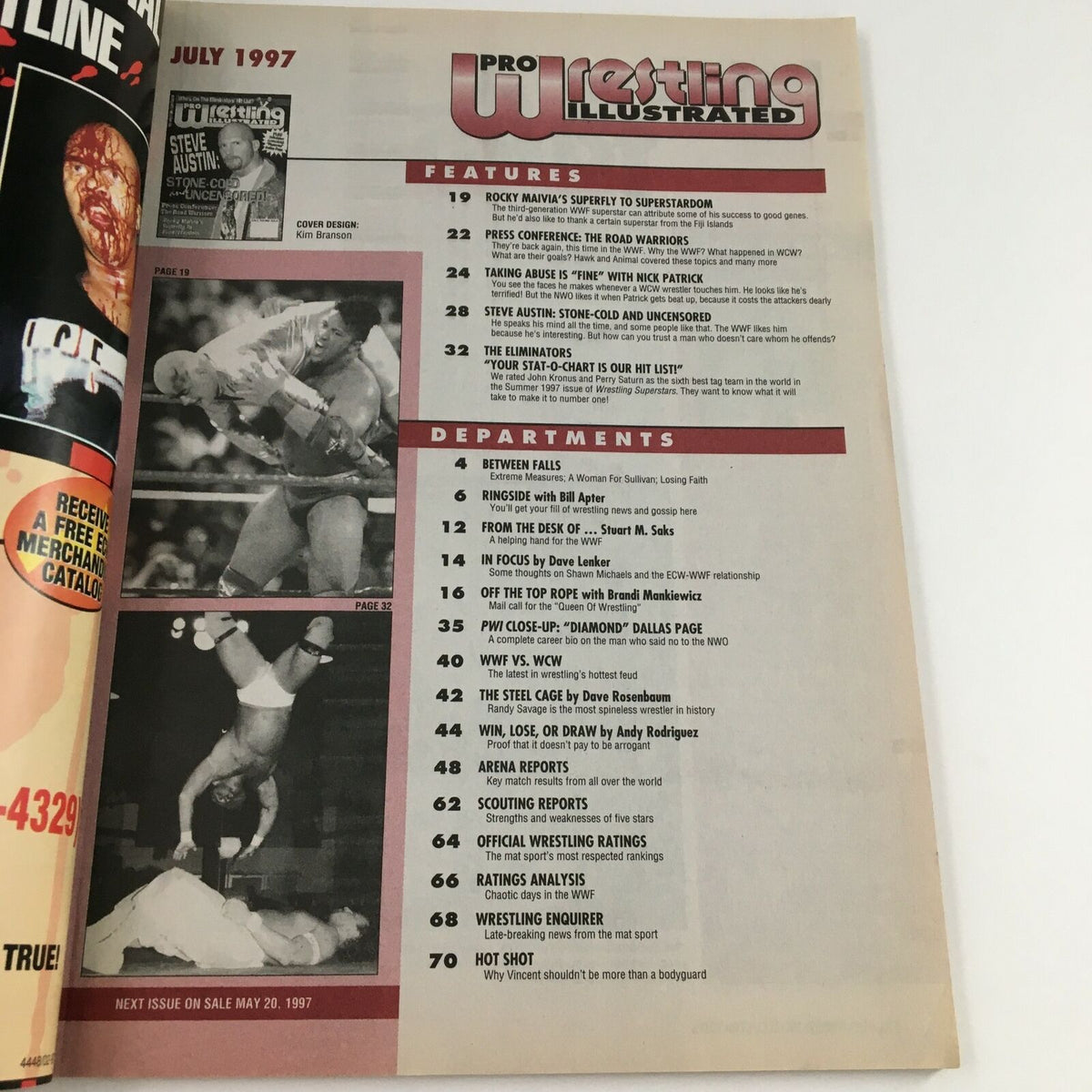 Interior page of Pro Wrestling Illustrated July 1997 displaying the table of contents. Features articles including 'Rocky Maivia’s Superfly to Superstardom' and highlights on Steve Austin and Dallas Page.