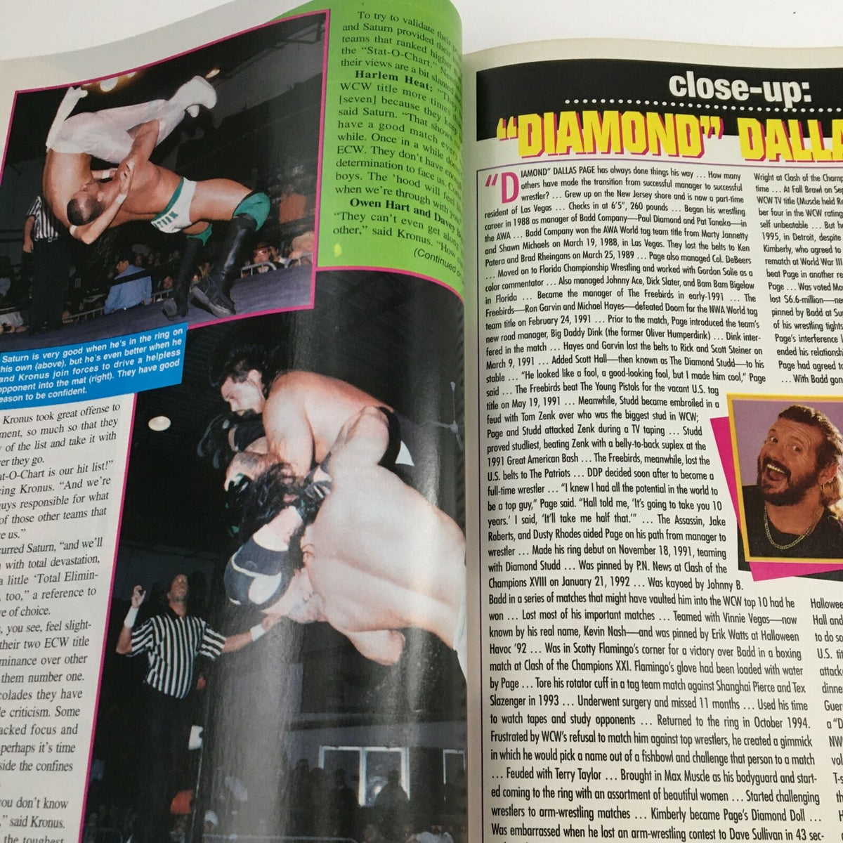 Close-up of wrestling action featuring performers in Pro Wrestling Illustrated July 1997 issue highlighting Steve Austin & Dallas Page.