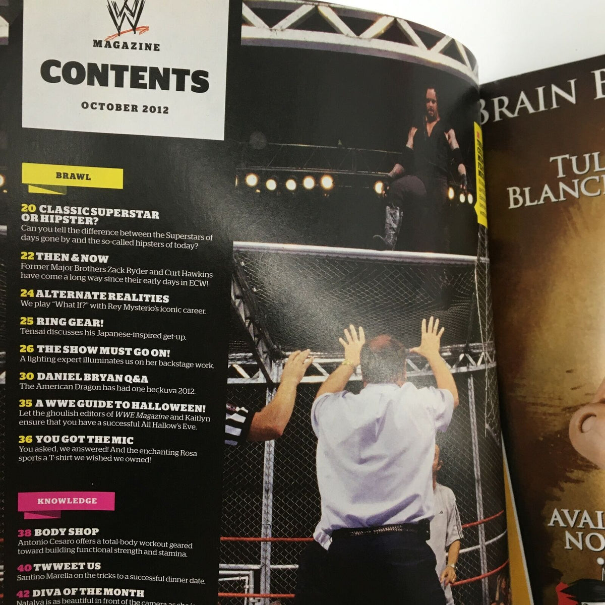 Inside page of WWE Magazine October 2012 showing the table of contents, including articles on WWE Superstars and match features.