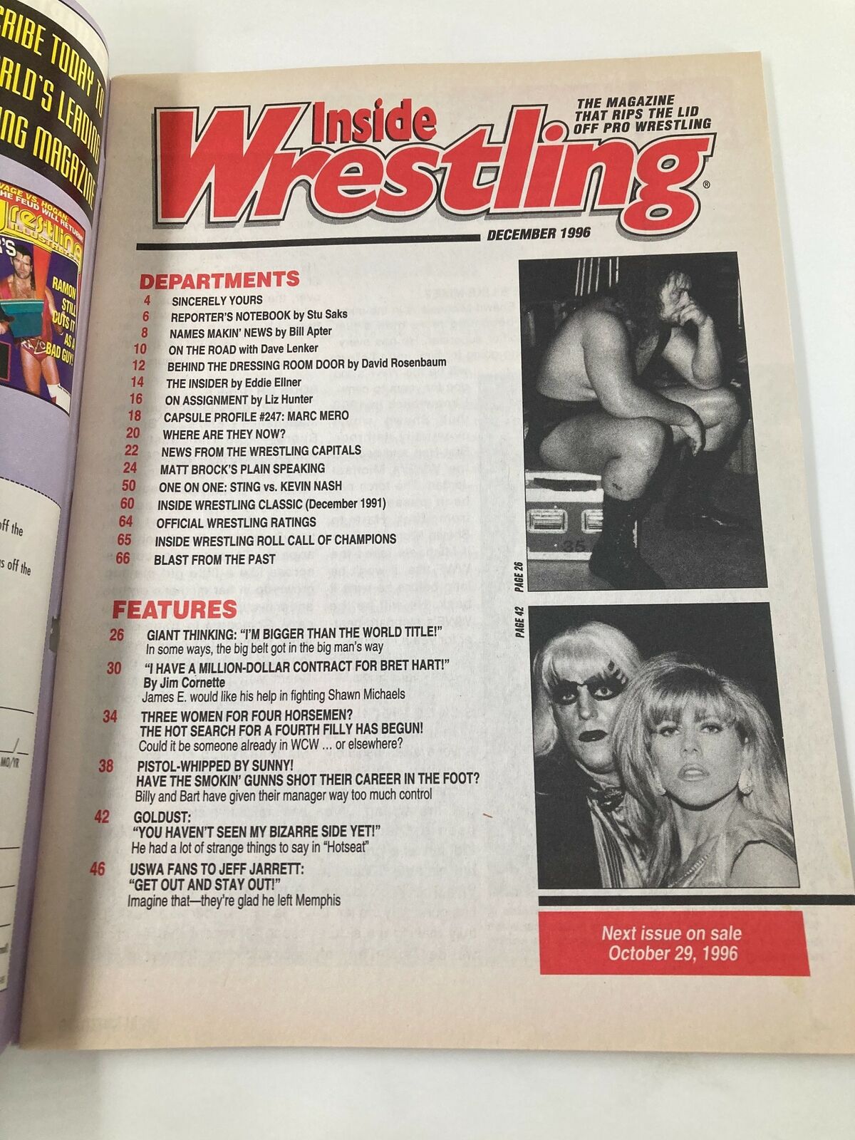 Interior page of Inside Wrestling Magazine December 1996 displaying the table of contents, which highlights various wrestling features including the search for a fourth Horseman.