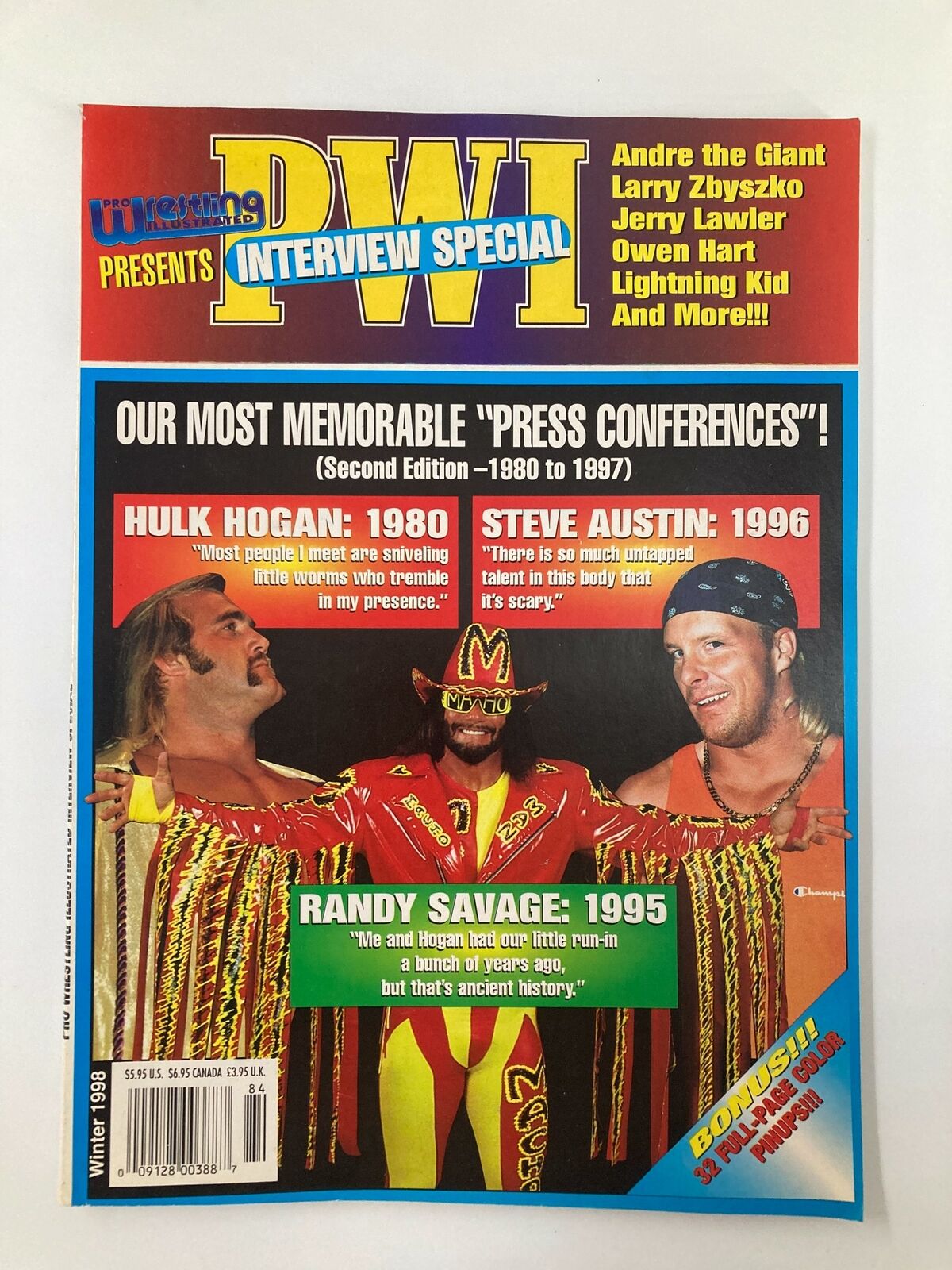 Pro Wrestling Illustrated Winter 1998 magazine cover featuring legends Randy Savage, Hulk Hogan, and Steve Austin, showcasing classic wrestling moments.