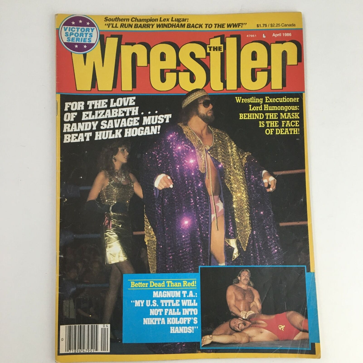 The Wrestler Magazine April 1986 cover featuring Randy Savage and Elizabeth, showcasing wrestling culture of the 1980s.