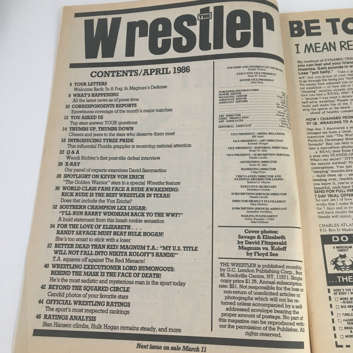 Interior page of The Wrestler Magazine April 1986 displaying the contents list and articles, reflecting pivotal wrestling history.