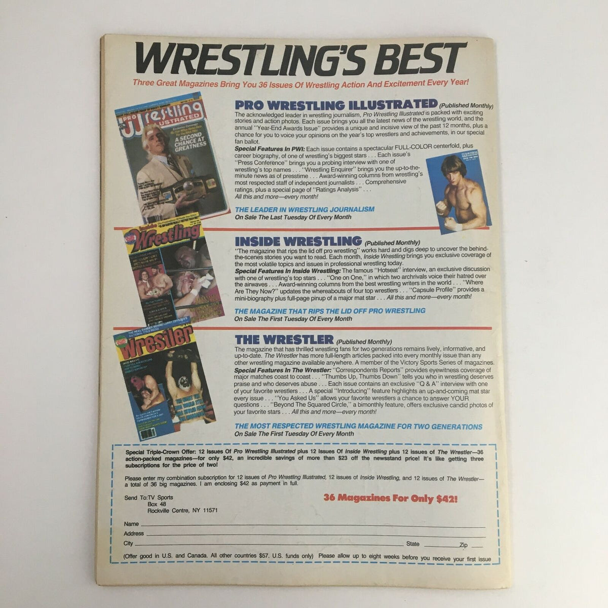 The Wrestler Magazine April 1986 advertisement showcasing wrestling publications including Pro Wrestling Illustrated and Inside Wrestling, emphasizing their significance in wrestling journalism.