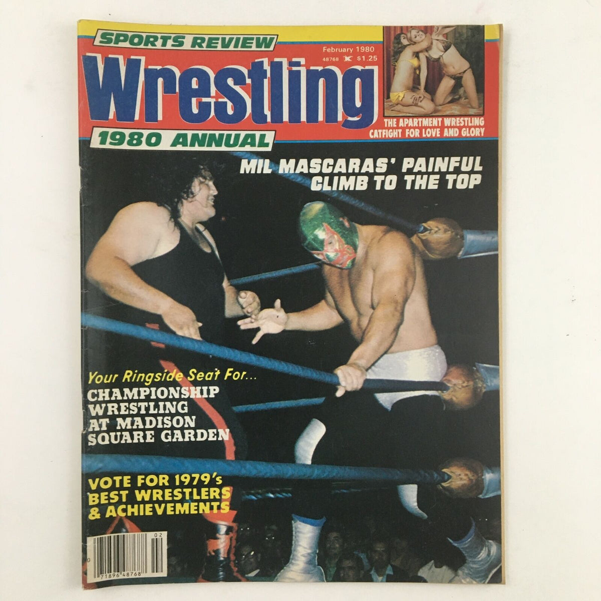 Sports Wrestling Magazine February 1980 cover featuring Mil Mascaras' Painful Climb To The Top, showcasing wrestlers in a ring.