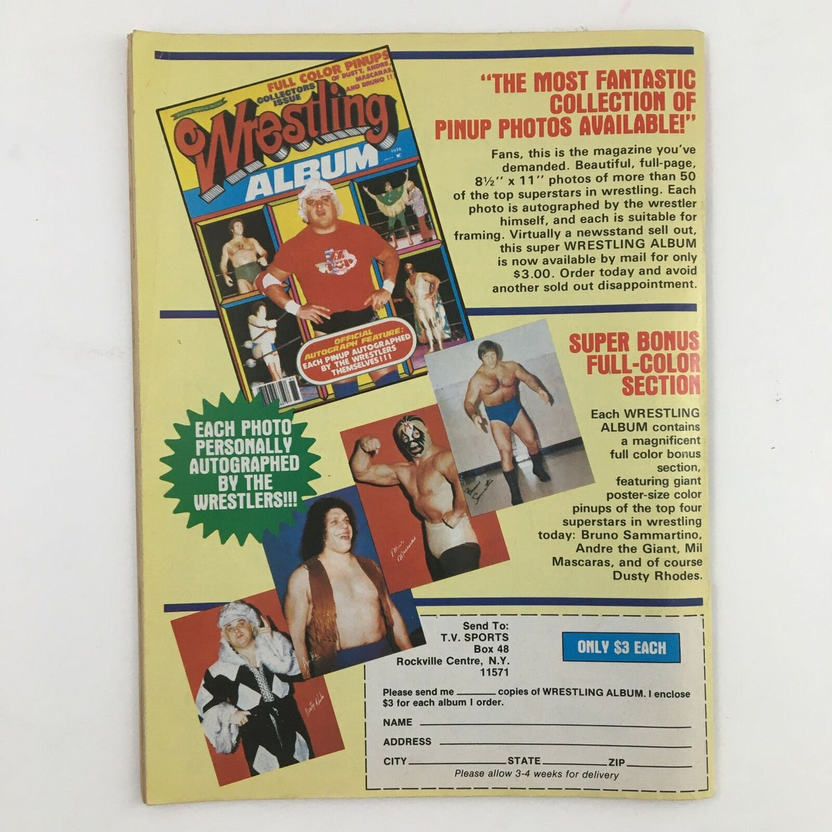 Sports Wrestling Magazine February 1980 featuring the cover of the Wrestling Album, promoting a collection of pin-up photos of wrestling superstars including autographed images.