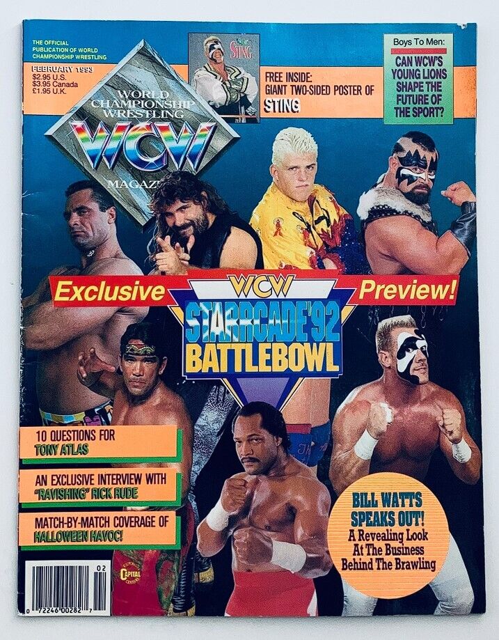 WCW Wrestling Magazine February 1993 featuring Tony Atlas, Rick Rude, and Sting on the cover, along with promotional highlights for Starrcade '92 BattleBowl and a collectible inside poster of Sting.