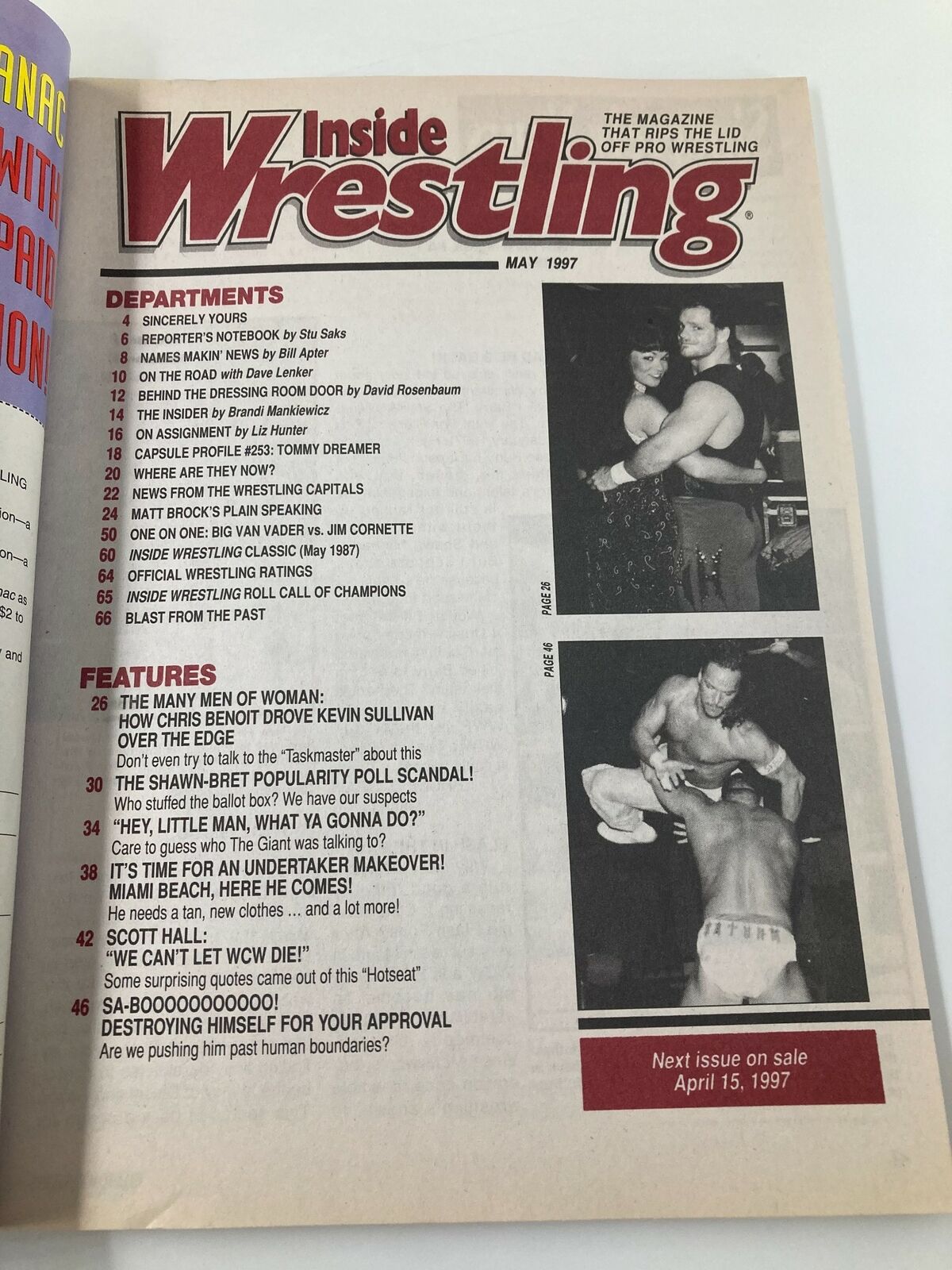 Table of contents page from Inside Wrestling Magazine May 1997, detailing articles such as 'The Many Men of Woman' and 'Hey, Little Man, What Ya Gonna Do?' highlighting notable professional wrestling stories.