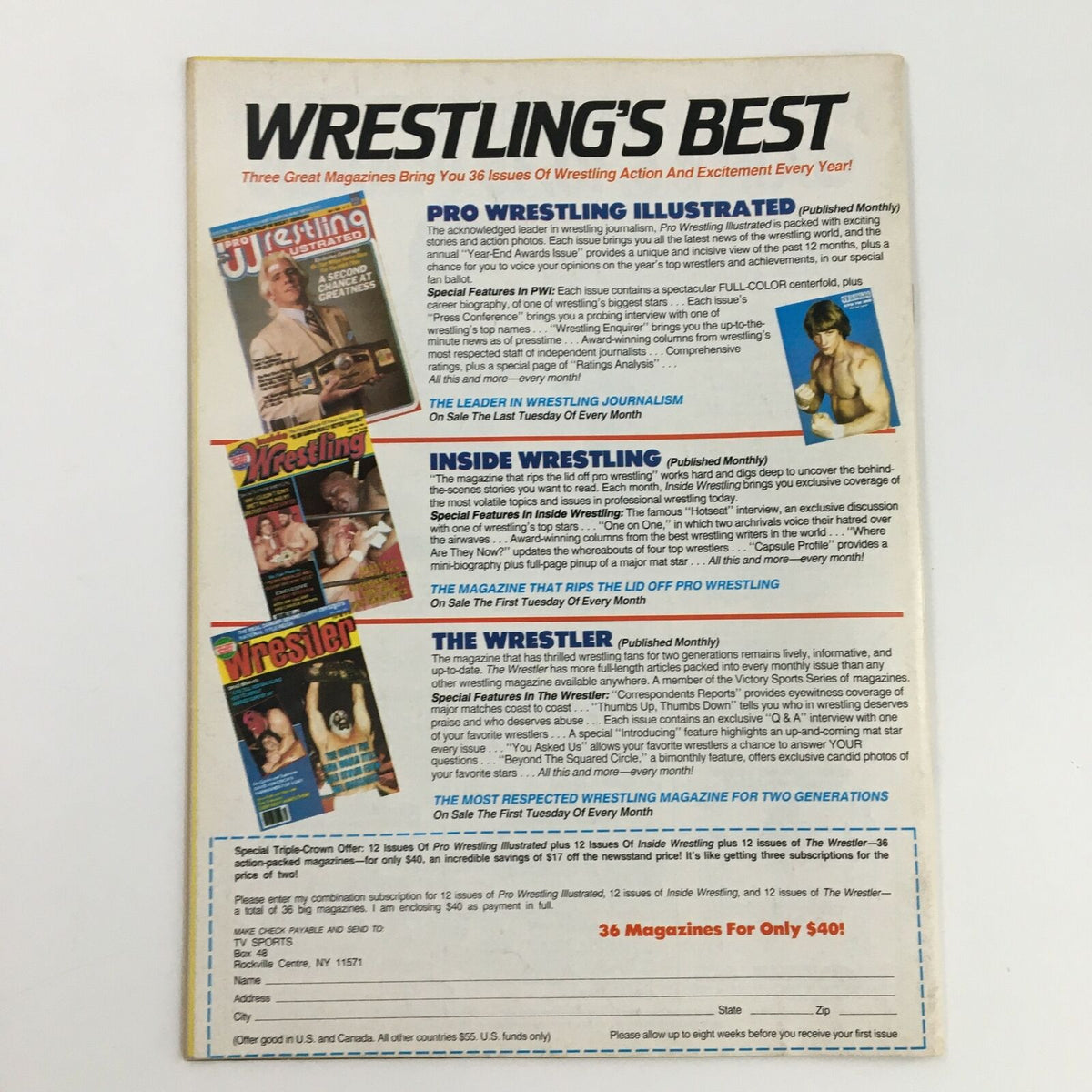 Wrestling Magazine 1984 Ric Flair Michael Hayes Ric Steamboat back cover displaying subscription offers for various wrestling publications.