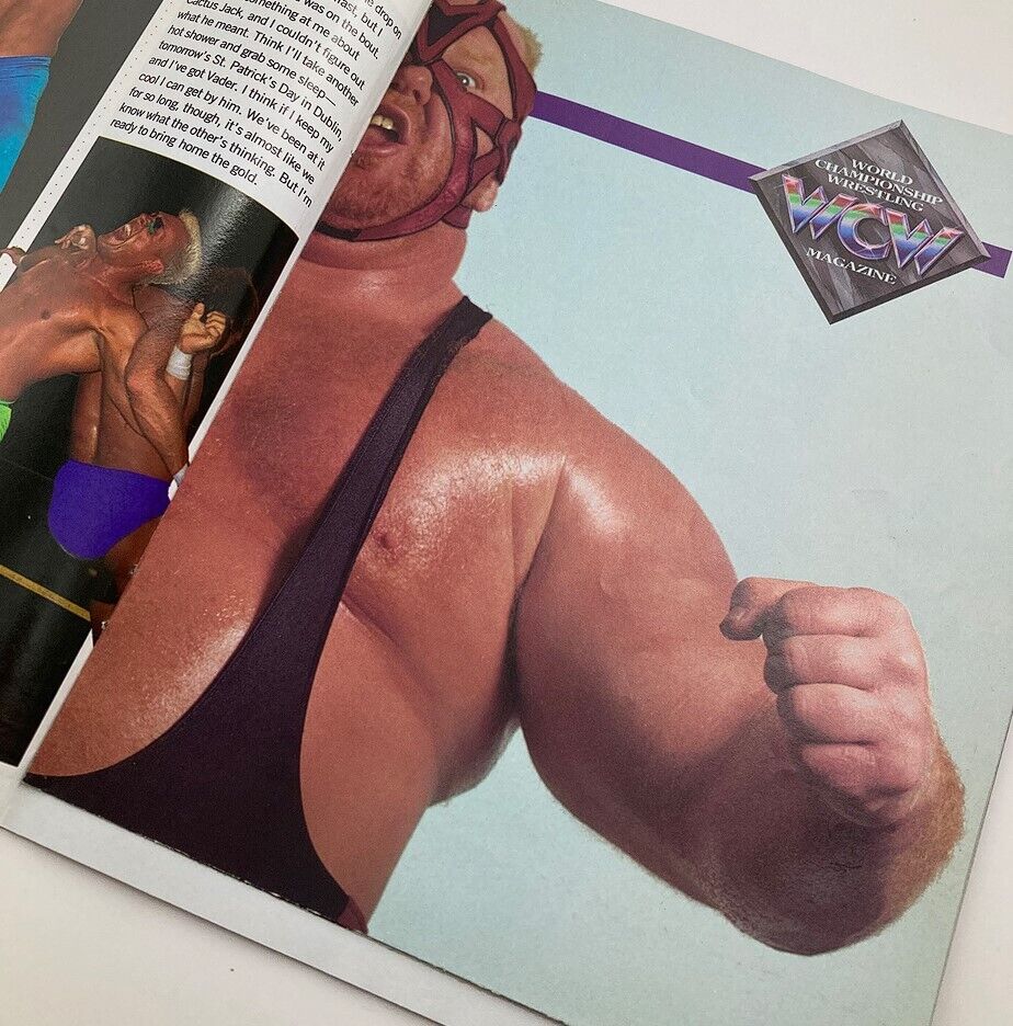 Inside page of WCW Wrestling Magazine July 1993 displaying Big Van Vader in action, demonstrating his muscular physique and wrestling attire.