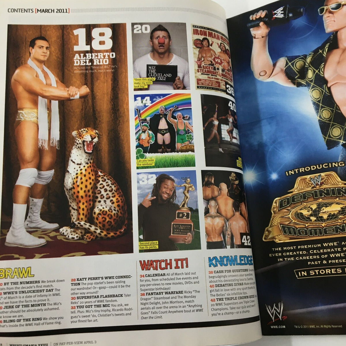 Inside content page of WWE Magazine March 2011, featuring various articles including Alberto Del Rio and promotional highlights related to the wrestling events of March 2011. The layout displays colorful graphics and magazine sections.
