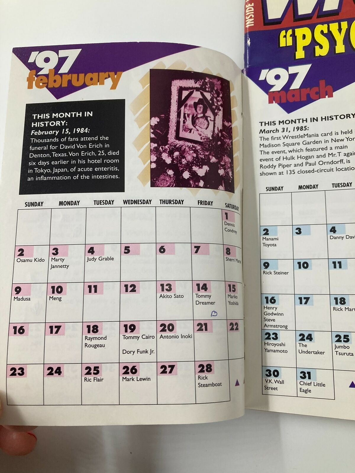 Inside page of Inside Wrestling Magazine Holiday 1996 displaying the historical calendar for February and March 1997, with notable wrestling events and birthdays.