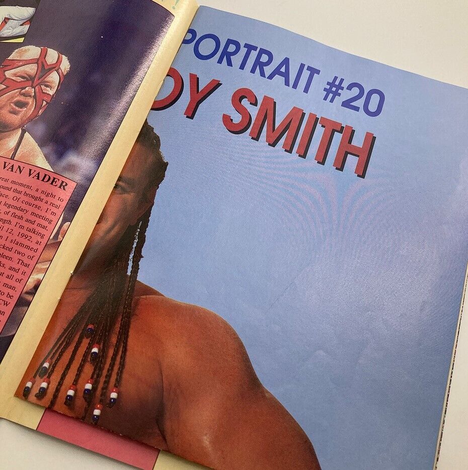 Inside spread from WCW Wrestling Magazine August 1993 featuring a portrait of British Bulldog in wrestling attire. Highlighting the vibrant colors and intricate design, this page captures the essence of wrestling culture in the early '90s.